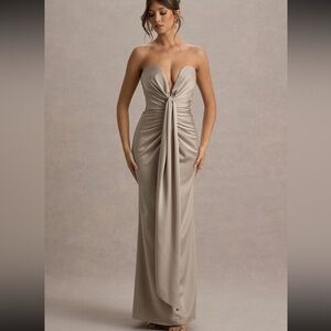 Club London Mackenzie Champagne Plunge-Neck  Draped Evening Gown